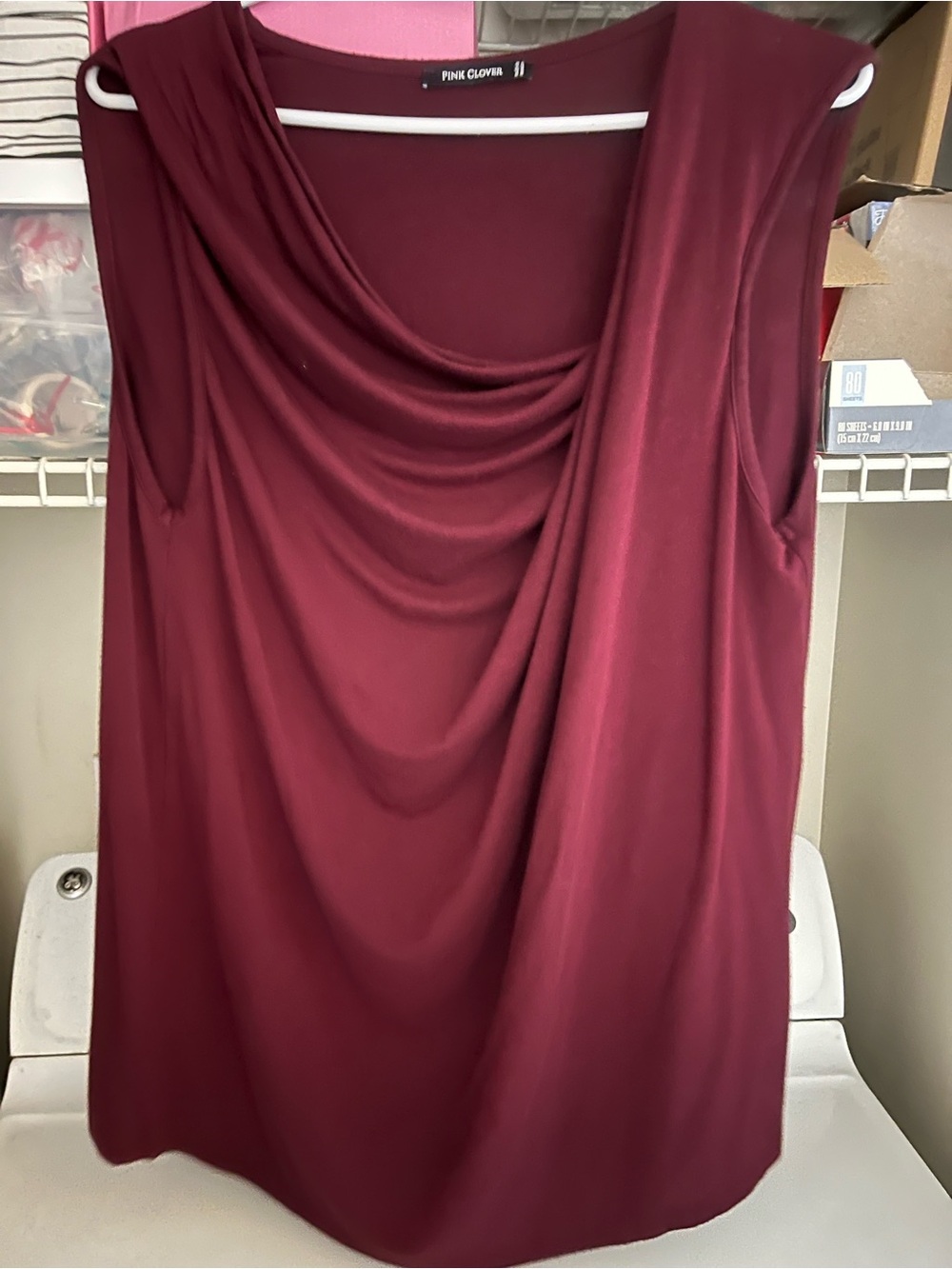 Burgundy sleeveless blouse with drape. Size Large. Pink Clover brand.